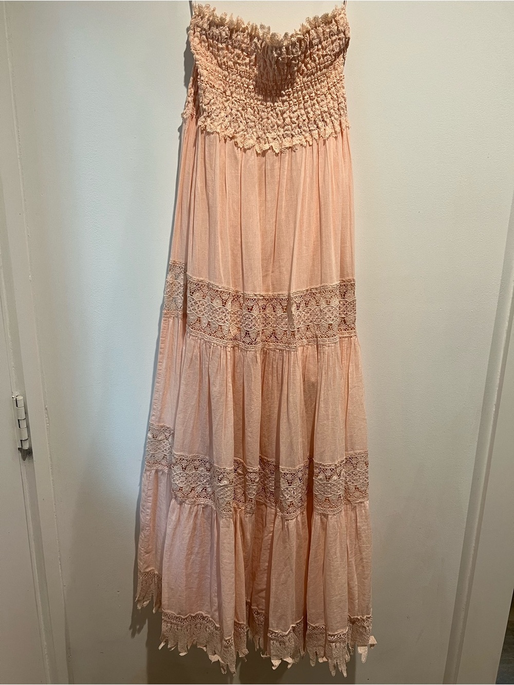 INA Pink Lace Trim Smocked Maxi Dress Crochet Style Boho Tiered Cotton Size S